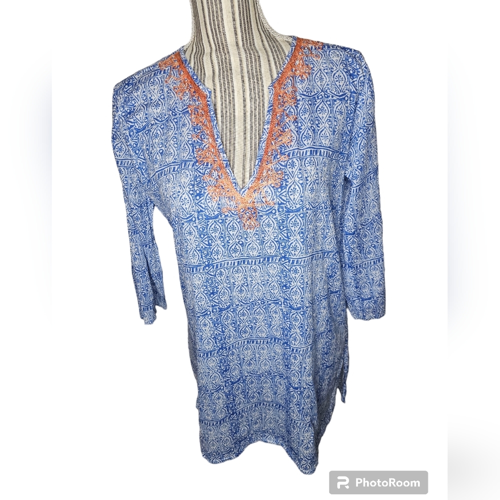 Rock Flower Paper women's blue/white  3/4 sleeves embroidered  top size S